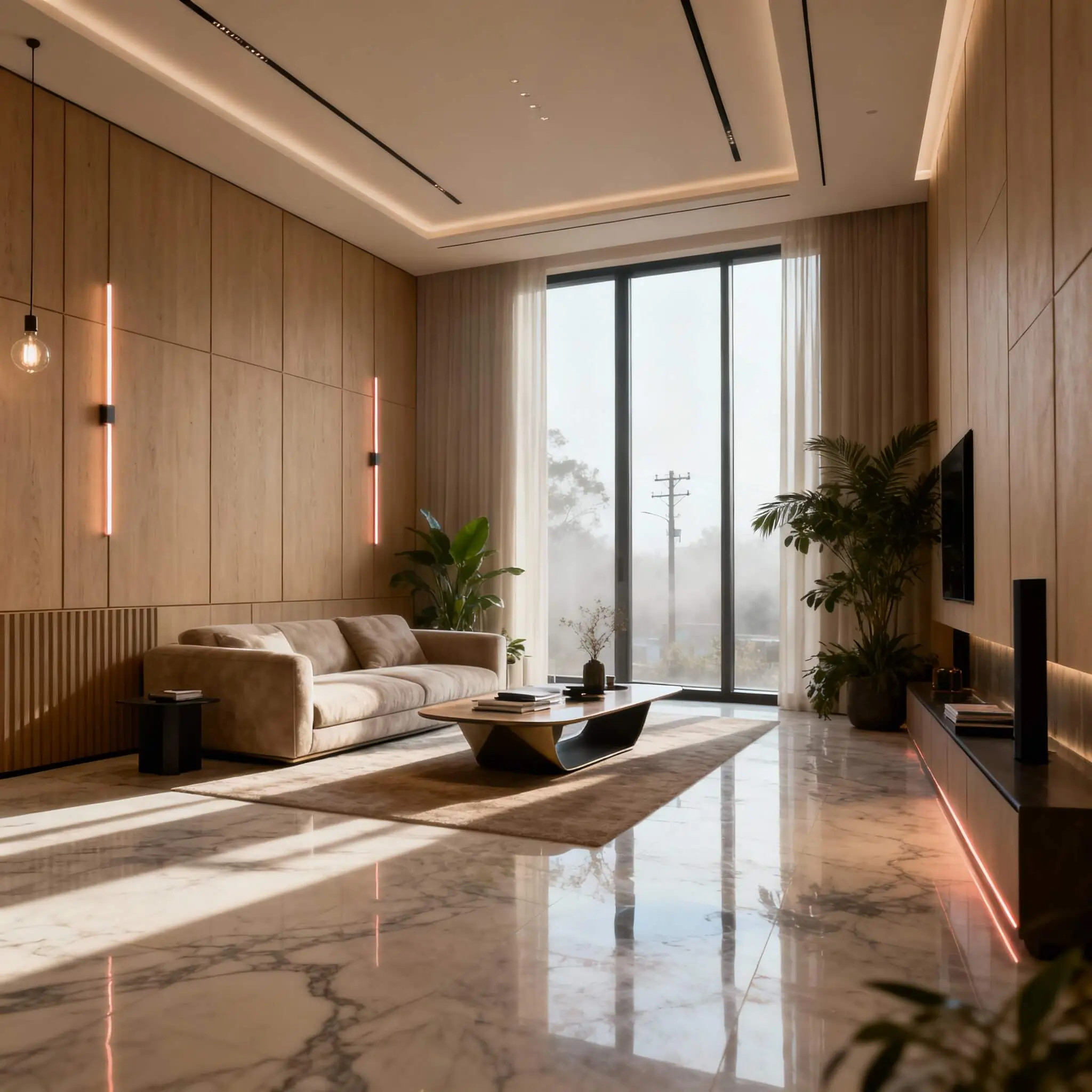 Luxury interior design of a modern Indian home with curated furniture, warm lighting, and refined finishes