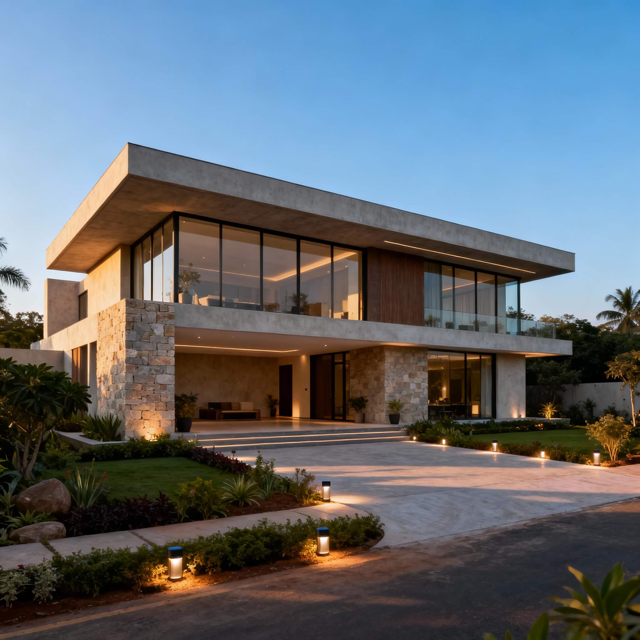 Modern luxury villa construction with contemporary architecture, glass facades, and landscaped surroundings