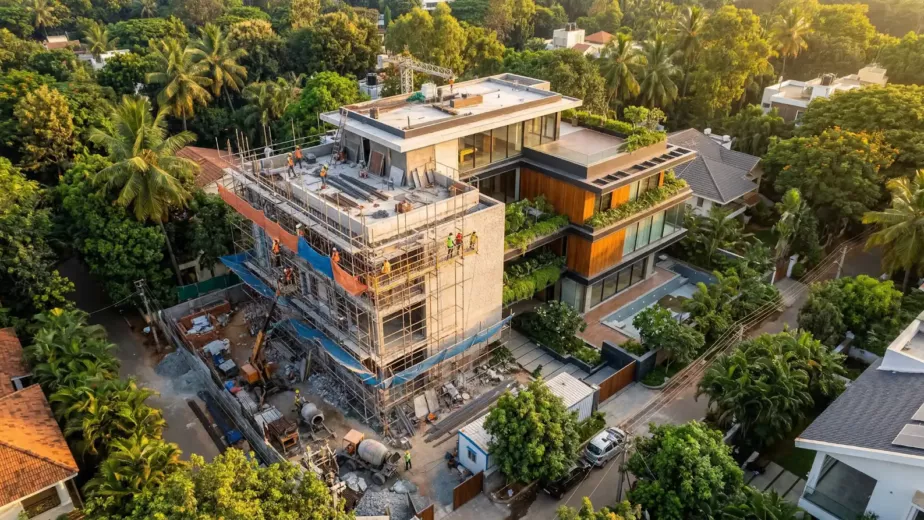LOT_Aerial view of a modern residential home under construction in Bangalore with scaffolding and green landscaping