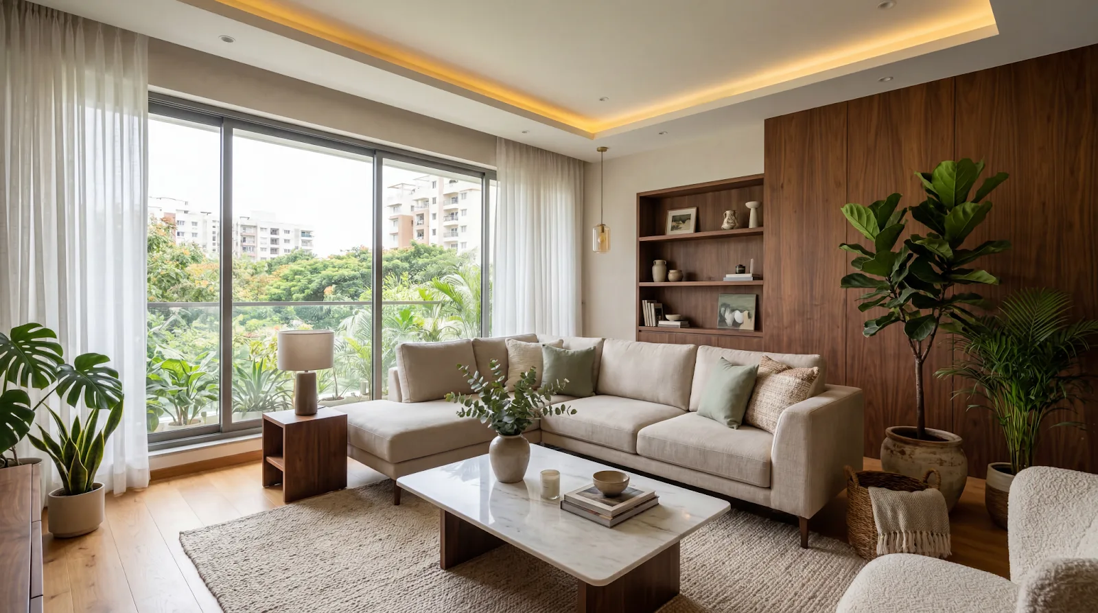 LOT_Luxury contemporary living room interior design in a Bangalore apartment with warm wood panelling, neutral sofa, and natural light