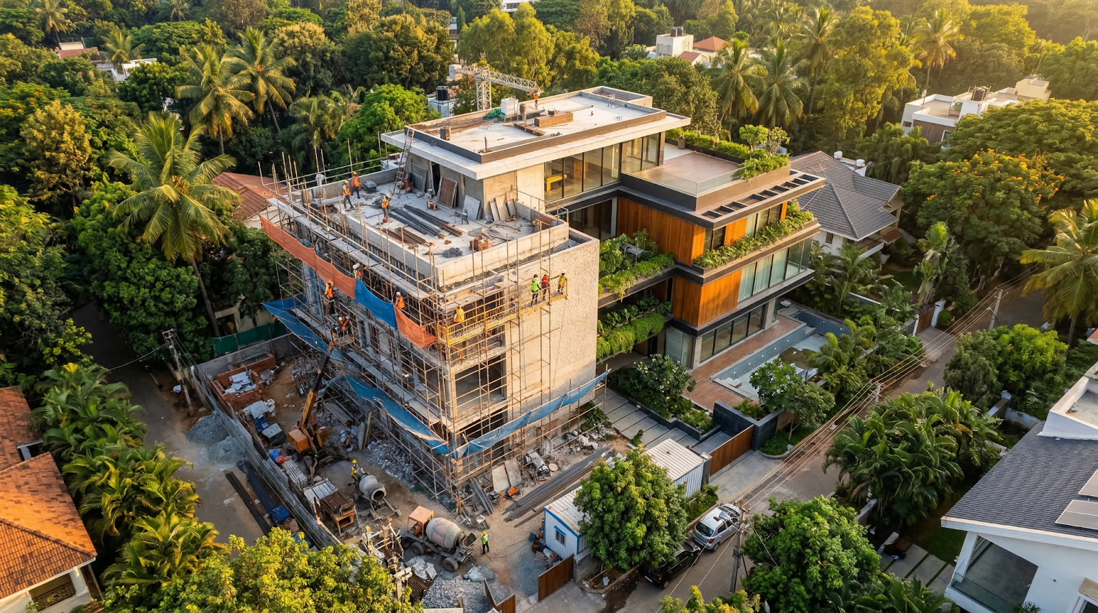 Aerial view of a modern residential home under construction in Bangalore with scaffolding and green landscaping