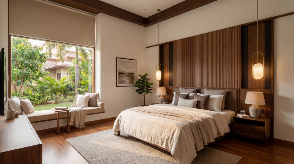 Premium master bedroom interior design in Bangalore villa with fluted wood headboard and garden views