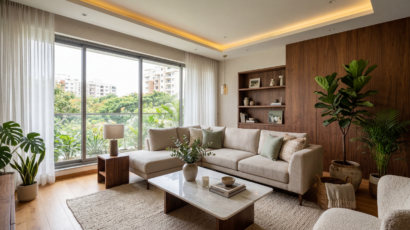 Luxury contemporary living room interior design in a Bangalore apartment with warm wood panelling, neutral sofa, and natural light