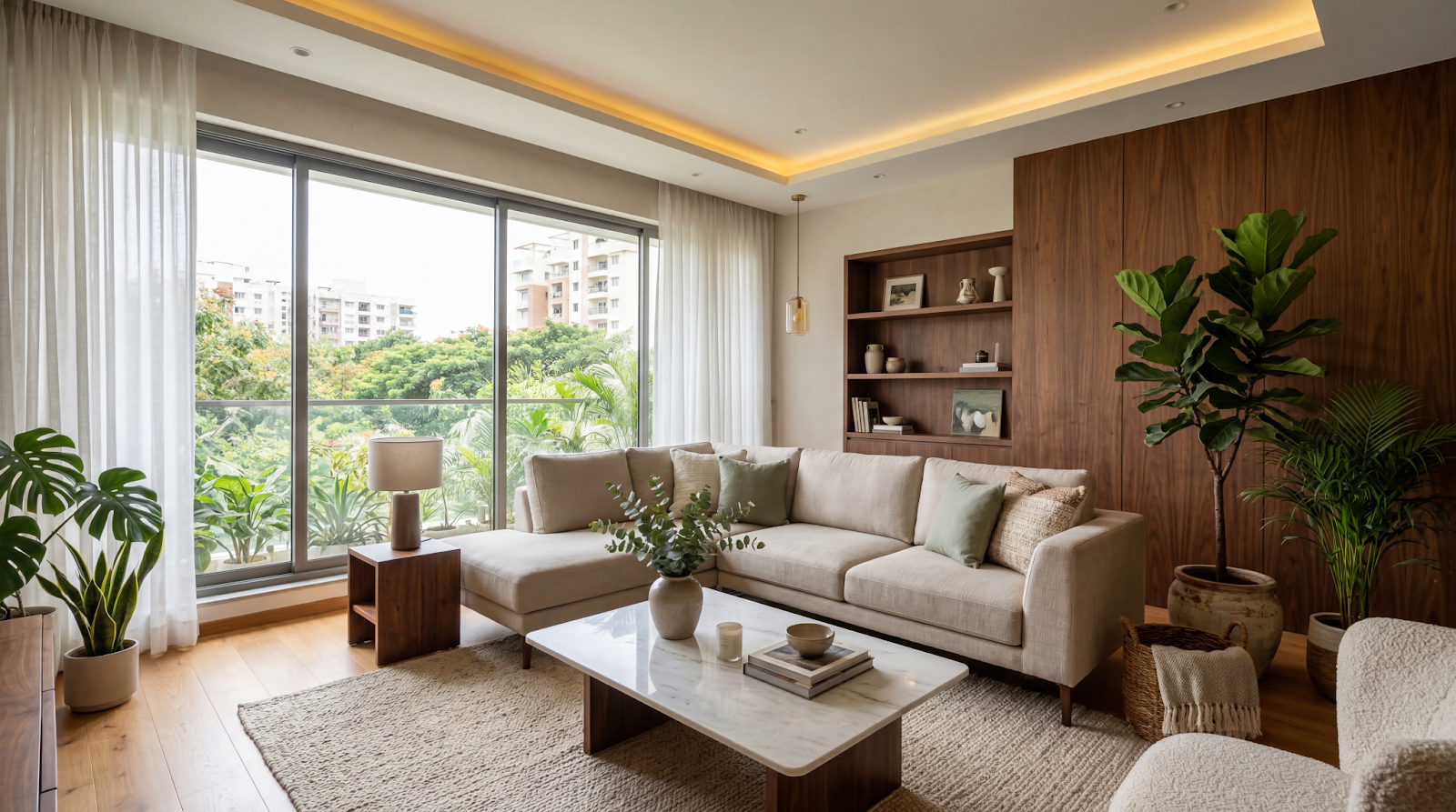 Luxury contemporary living room interior design in a Bangalore apartment with warm wood panelling, neutral sofa, and natural light