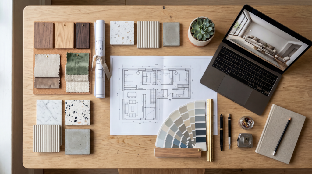 Interior designer workspace with floor plans, material samples, and 3D renders for Bangalore home project