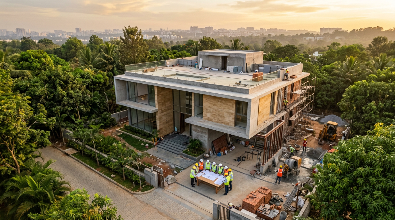 Luxury villa under construction in Bangalore with architects reviewing plans on site during golden hour