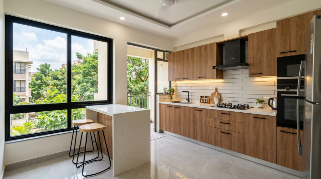 Modern renovated modular kitchen in Bangalore apartment with quartz countertop and warm wood cabinetry