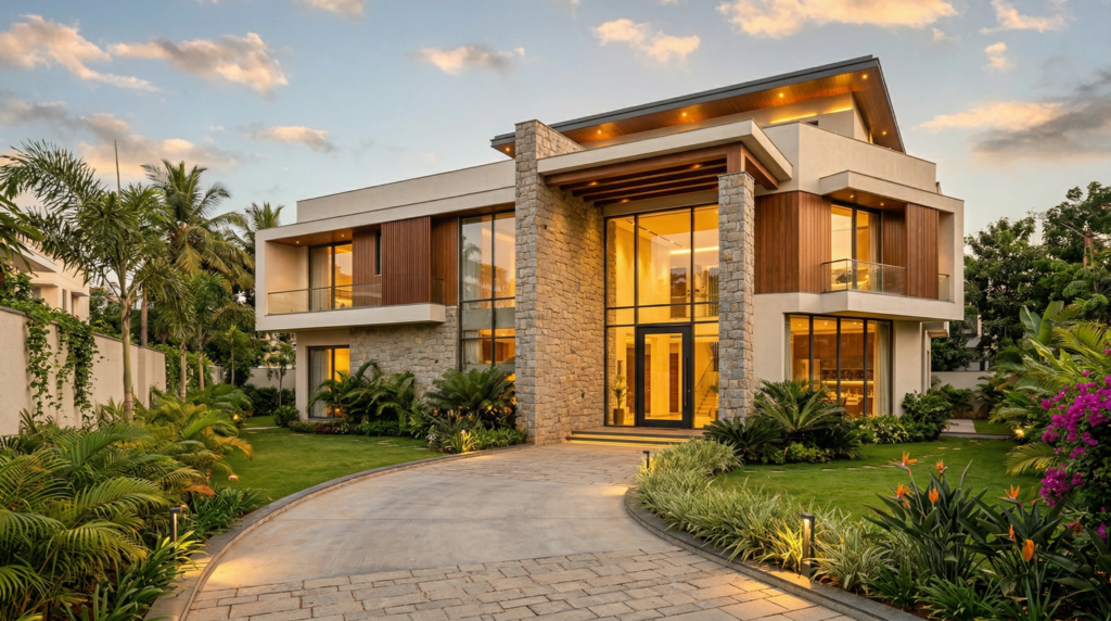 Completed luxury villa in Bangalore by Line of Thought - contemporary exterior with landscaping and stone cladding