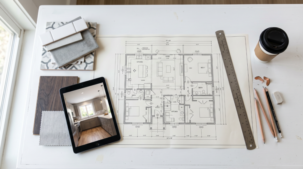 Renovation planning materials including floor plans, material swatches, and 3D renders for Bangalore home renovation project
