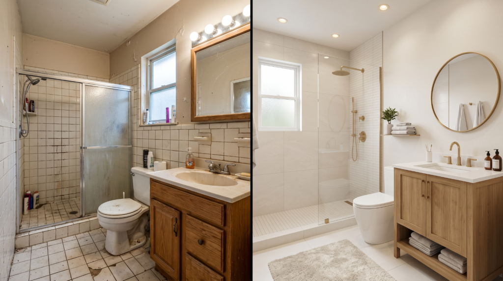 Before and after home renovation bathroom transformation in Bangalore — old vs. modern premium finishes
