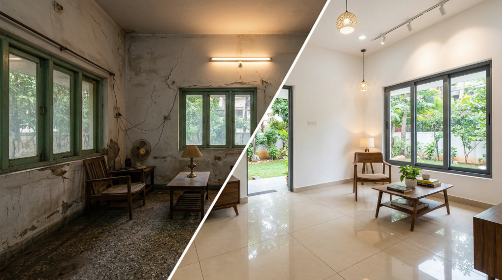 Before and after comparison of a Bangalore home renovation showing aging interiors transformed into modern living space