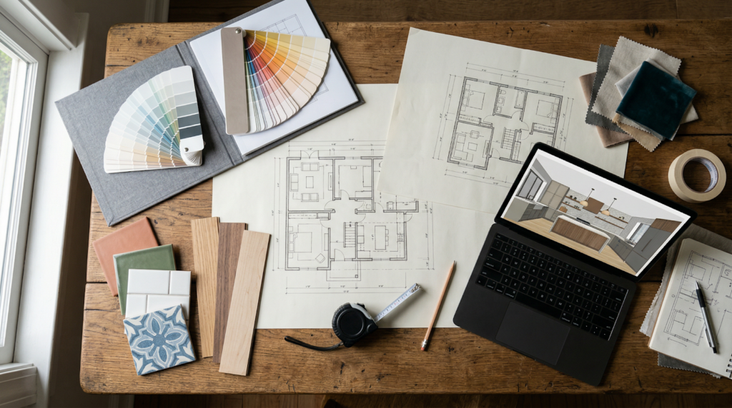 Home renovation planning workspace with floor plans, material samples, and 3D design on laptop for Bangalore renovation project