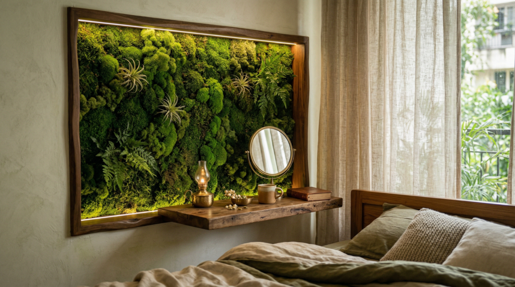 Biophilic interior design detail in a Bangalore home in 2026 featuring moss wall, natural materials, and warm lighting
