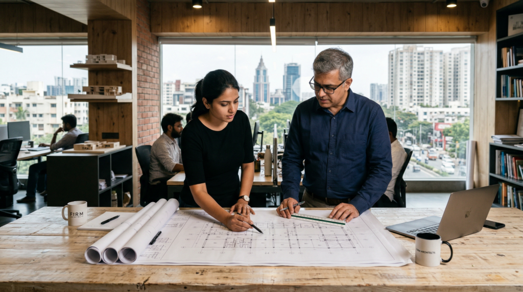 Architect and structural engineer reviewing villa construction drawings in a Bangalore design-build studio