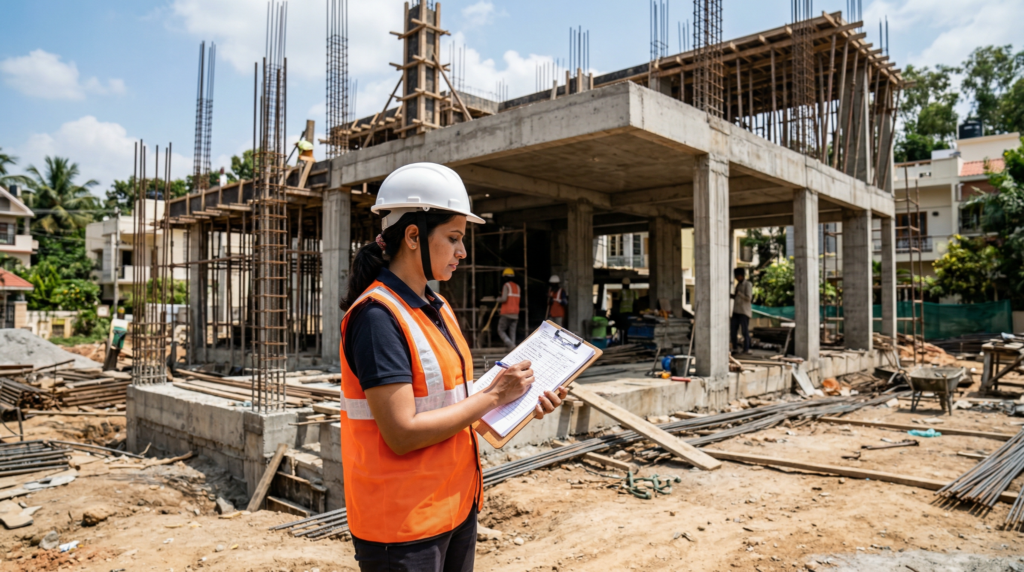 Project manager overseeing villa construction milestones on a Bangalore residential site