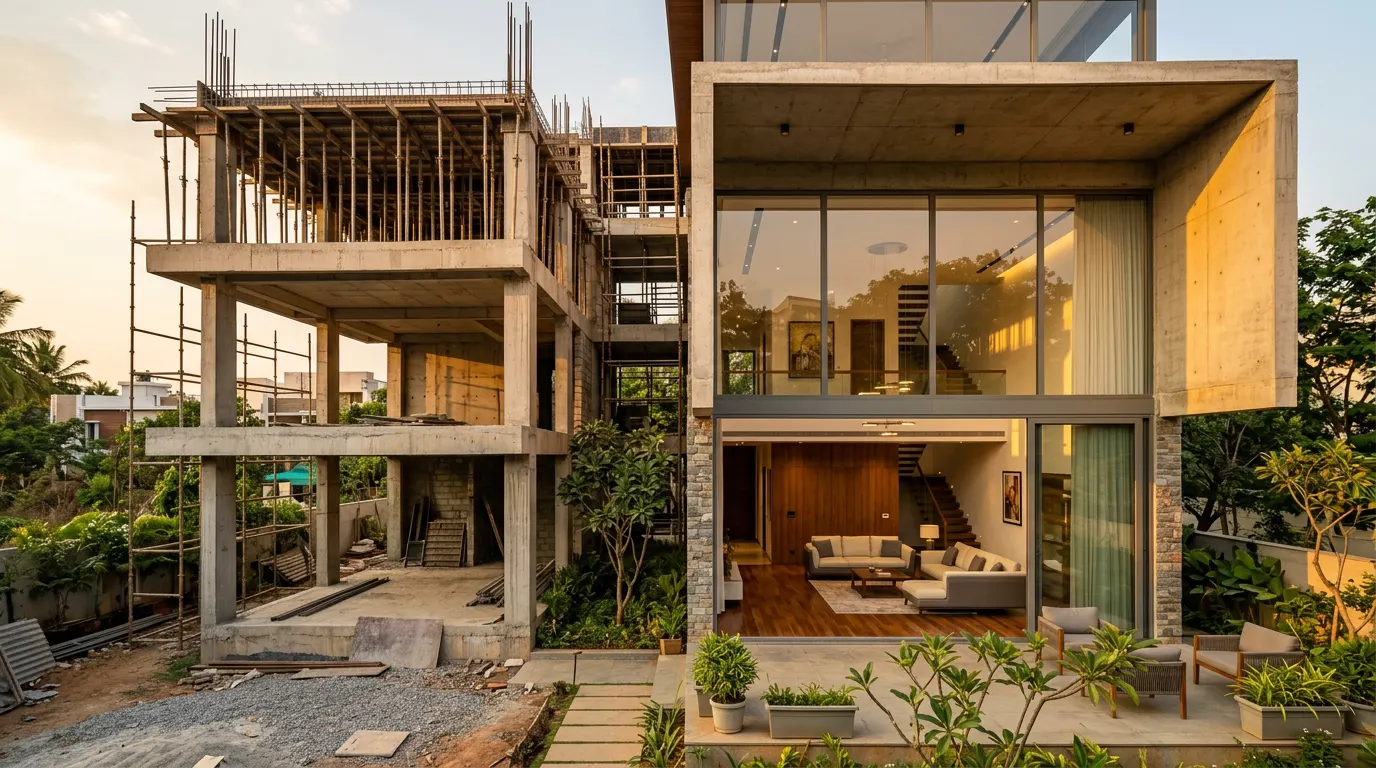 LOT_Luxury villa under construction in Bangalore showing the transition from raw structure to finished interior