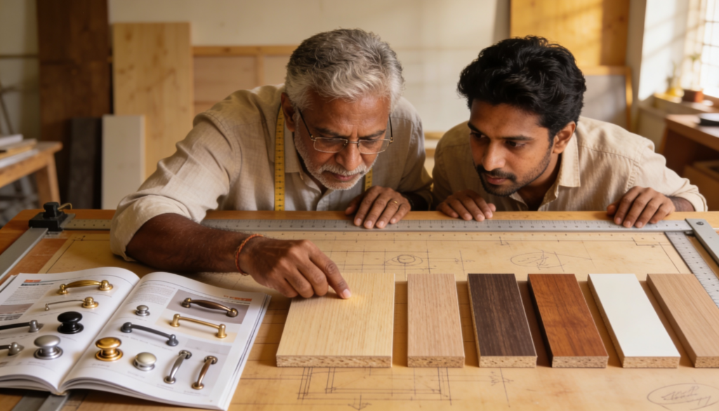 Interior designer reviewing material samples with homeowner during design consultation in Bangalore