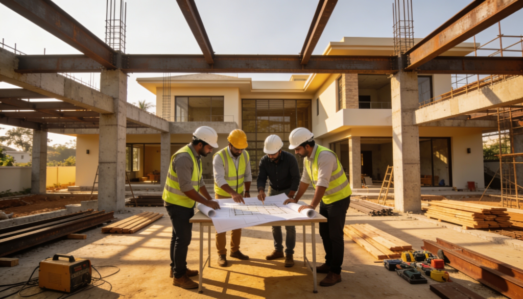 Villa construction team reviewing architectural drawings on-site in Bangalore for a premium design-build project