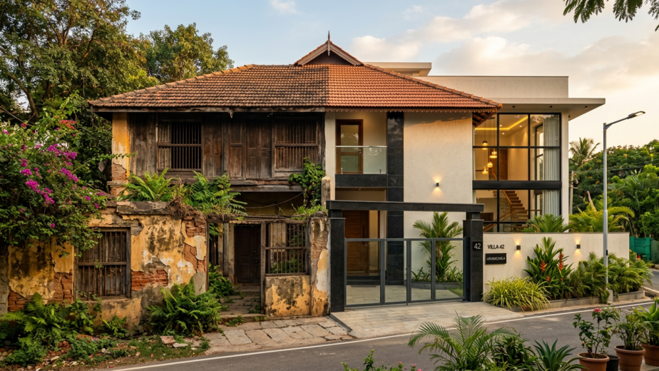 Old to new house renovation in Bangalore - before and after exterior transformation by Line of Thought