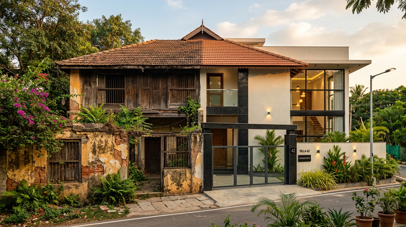 Old to new house renovation in Bangalore - before and after exterior transformation by Line of Thought