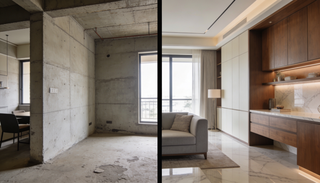 Before and after home renovation transformation showing raw apartment converted to premium interior in Bangalore
