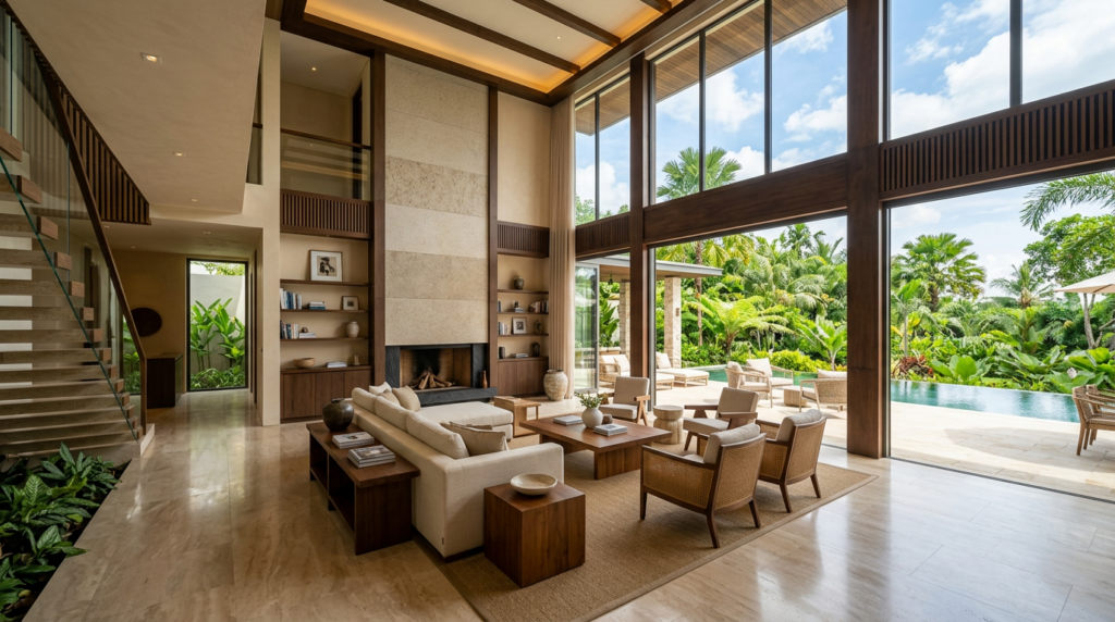 Premium villa interior design by Line of Thought in Bangalore featuring double-height living space and natural light
