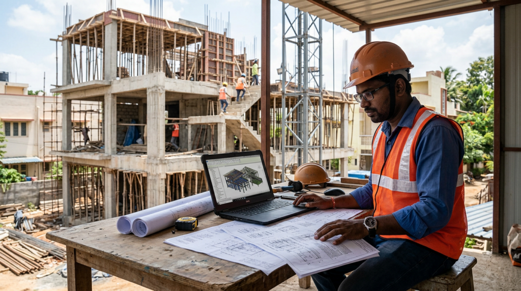 Structural engineer reviewing BIM models and construction blueprints at a villa construction site in Bangalore