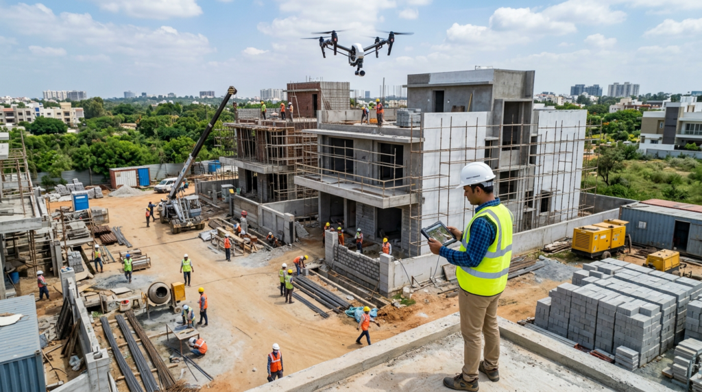 Drone site monitoring and app-based project tracking at a premium villa construction site in Bangalore