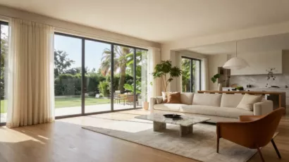 A modern living room showcasing large sliding glass doors, creating a seamless connection between indoor and outdoor spaces.