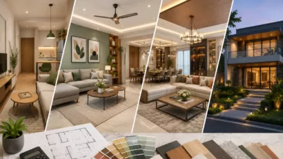 A collage showcasing 1bhk, 2bhk, 3bhk & Villa, highlighting diversity in architecture and interior decor