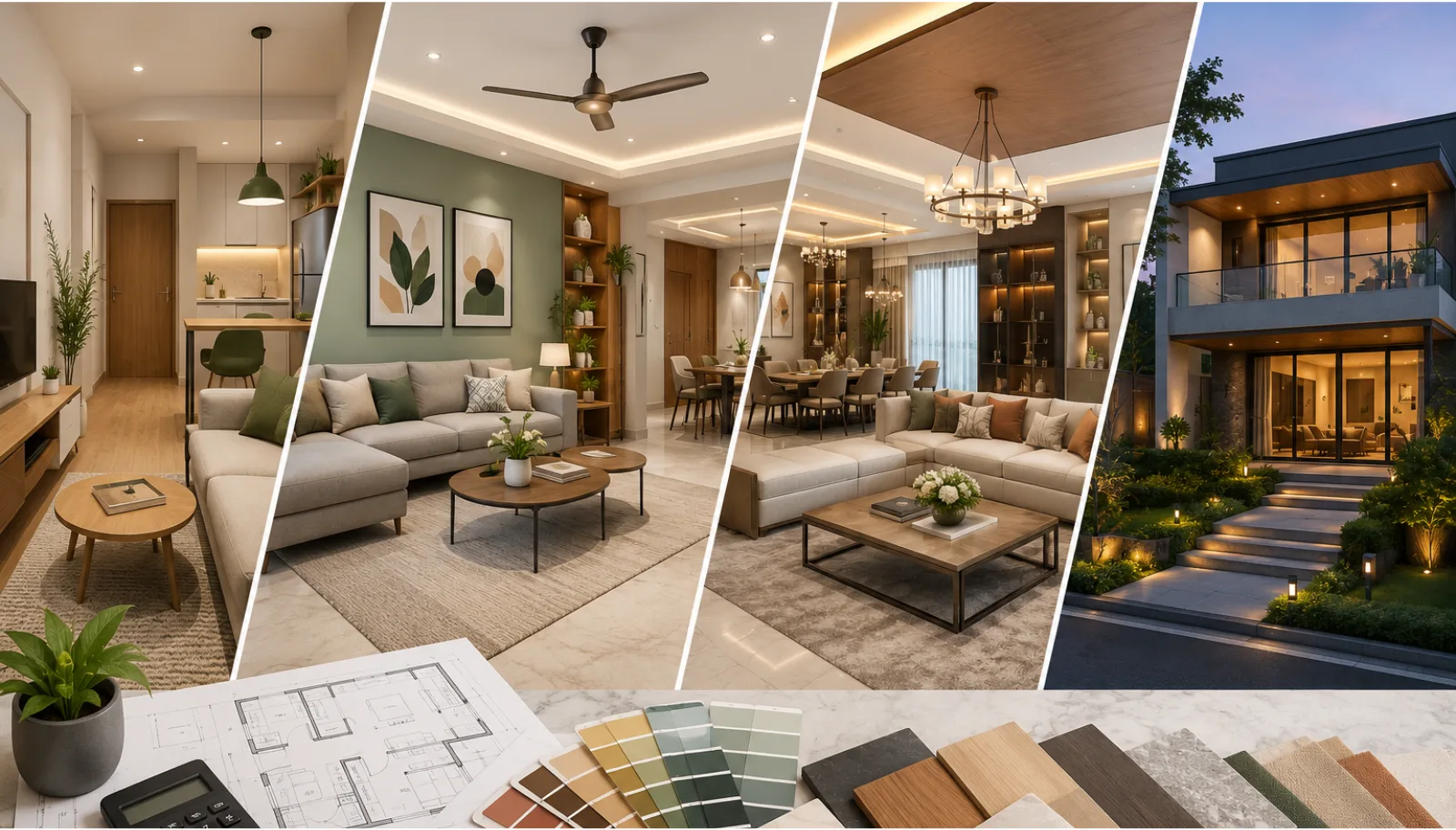 A collage showcasing 1bhk, 2bhk, 3bhk & Villa, highlighting diversity in architecture and interior decor