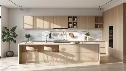 A modular kitchen featuring wooden cabinets and a large window, showcasing a bright and spacious cooking area.