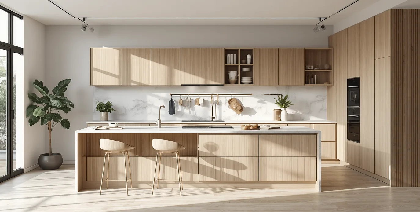 A modular kitchen featuring wooden cabinets and a large window, showcasing a bright and spacious cooking area.