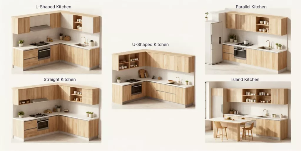 A collage of various modular kitchen layouts showcasing diverse cabinet designs and arrangements.