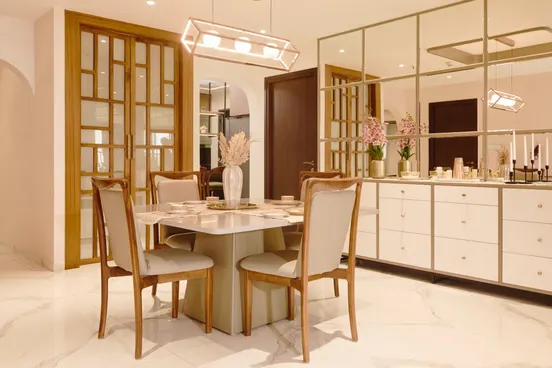 A thoughtfully designed dining area featuring dining table,built-in console with drawers