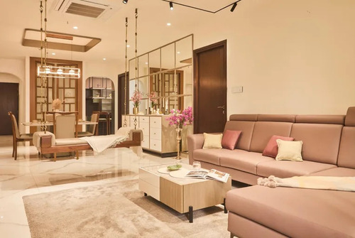 A formal living room with a subtle traditional element.