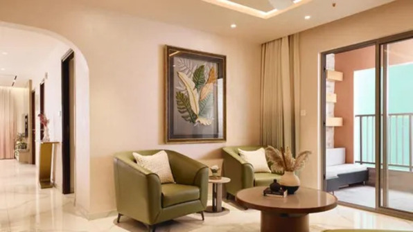 An informal living room with a 3D art, creating semi-private environment.
