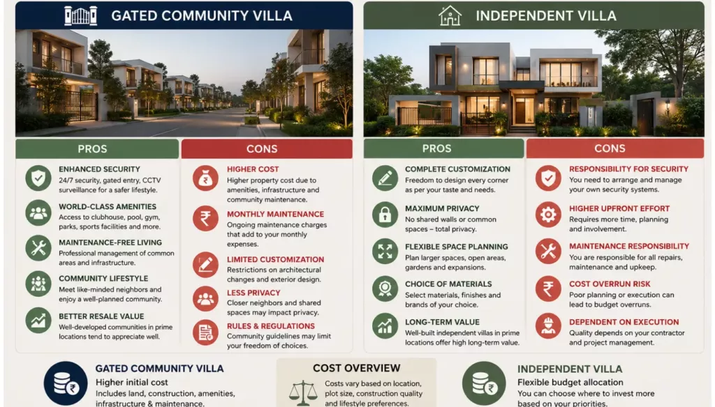 Pros and cons of gated community and independent villas.