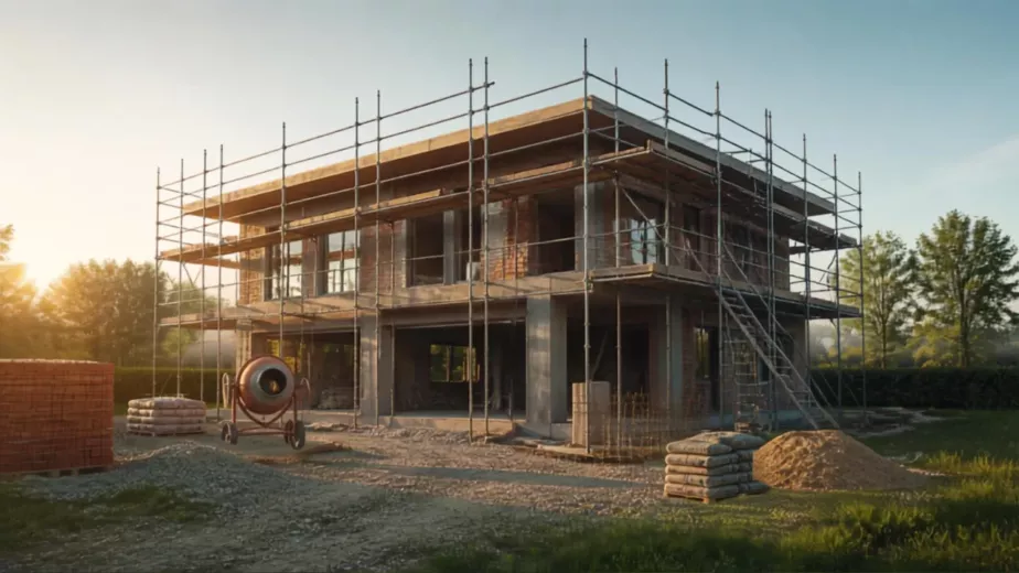 A construction site featuring a house with scaffolding, highlighting the stages of building and renovation