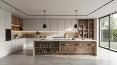 A modular kitchen featuring sleek white and wood cabinets, complemented by stainless steel appliances and a spacious layout.