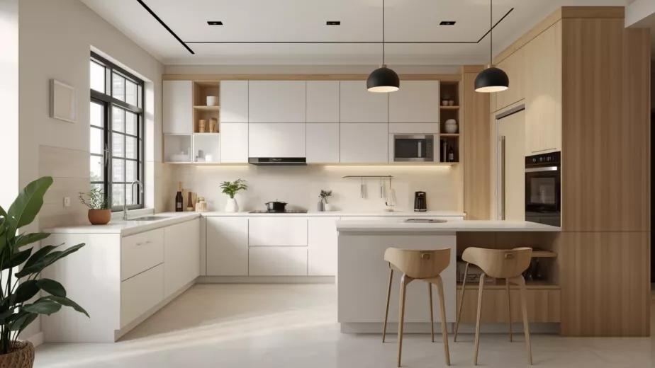 A modern kitchen featuring white cabinets and warm wooden floors, showcasing a clean and contemporary design.