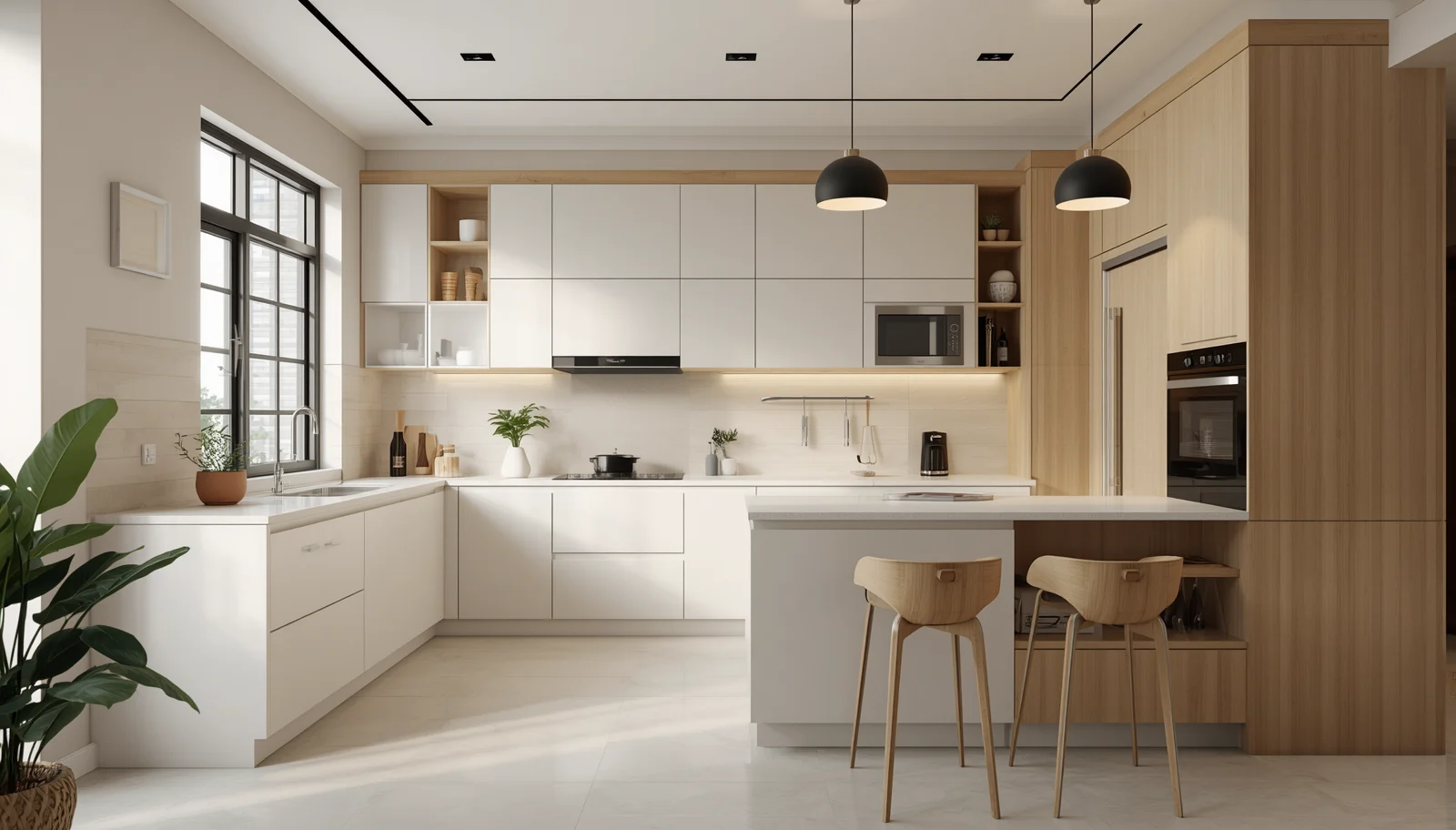 A modern kitchen featuring white cabinets and warm wooden floors, showcasing a clean and contemporary design.